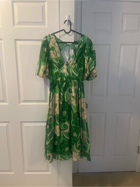 farm rio green palm tree eyelet halter neck midi dress | Dresses | Farm Rio Model measurements